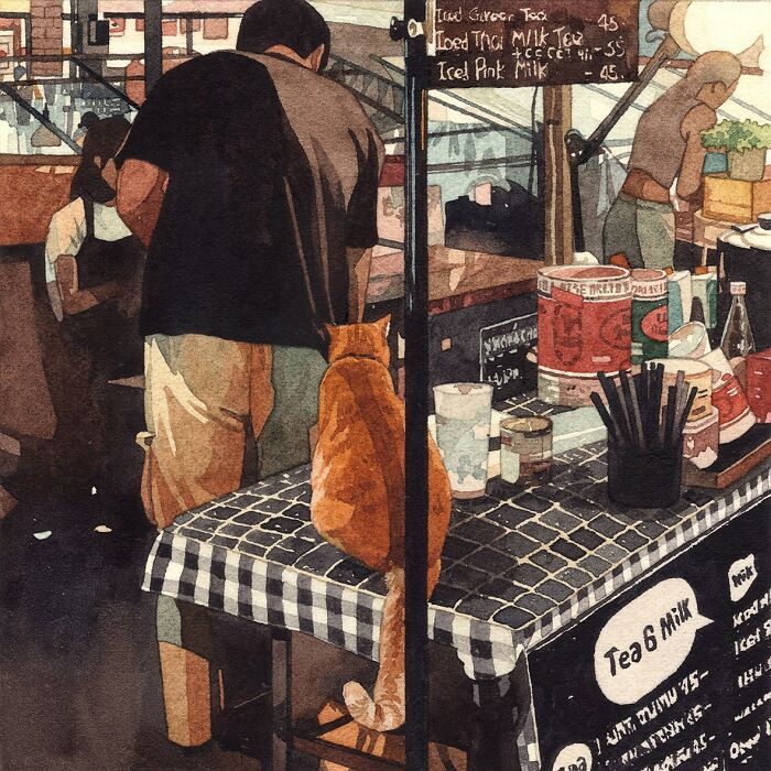 Watercolor painting of a cat sitting on a checkered table in a cozy cafe with people in the background.