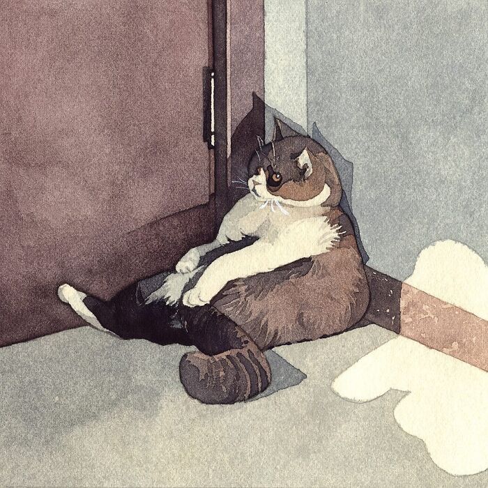 Watercolor painting of a cat sitting against a door, showcasing dreamy art style dedicated entirely to cats.