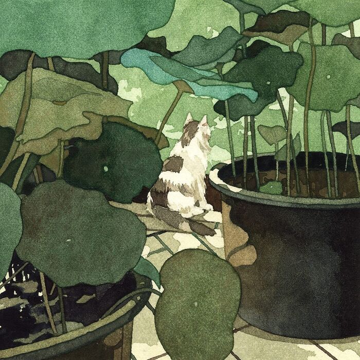 Watercolor painting of a cat surrounded by large green leaves and pots in a dreamy nature-inspired style.