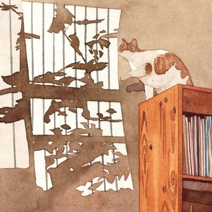 Watercolor painting of a cat on a wooden bookshelf casting shadows on a wall in a dreamy artistic style.