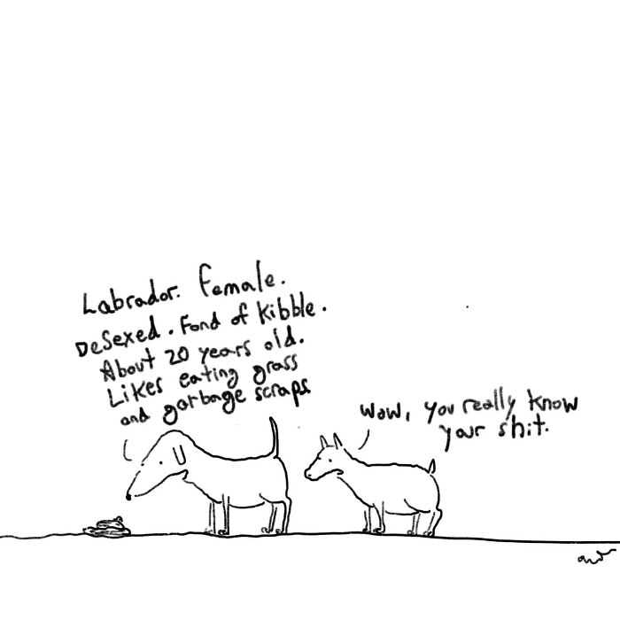 Minimalist comics featuring two dogs with humorous dialogue about one dog’s habits and traits.