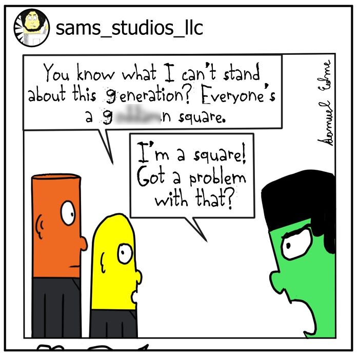 Comic by Samuel Edme showing colorful characters debating modern absurdity and generational stereotypes in a simple cartoon style.