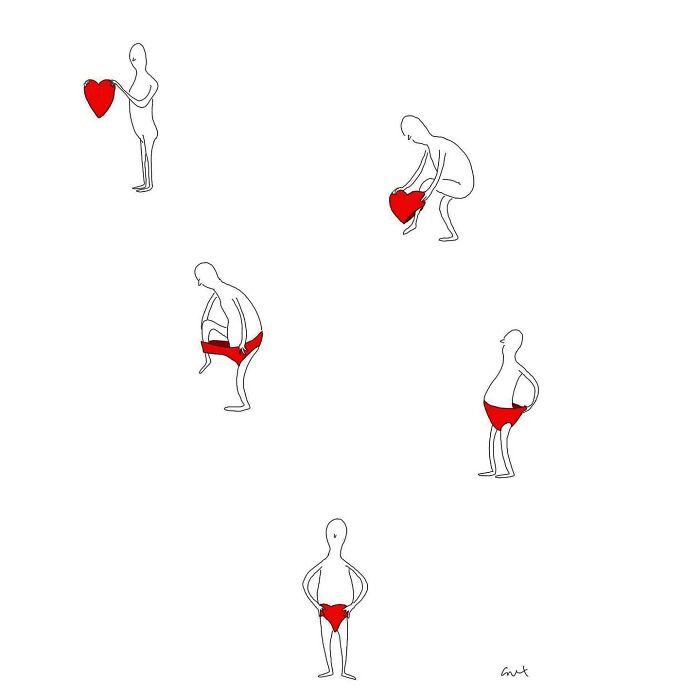 Minimalist comics showing simple figures interacting humorously with a red heart and red underwear, exploring weirder thoughts.