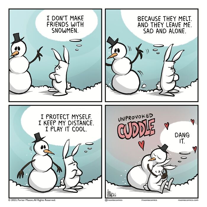 Comic series illustration with cute characters showing uncomfortably accurate feelings about friendship and emotions.