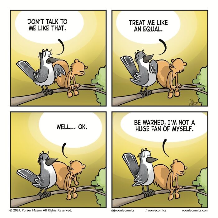 Comic series with cute characters showing a bird and bear discussing feelings on a tree branch at sunset.
