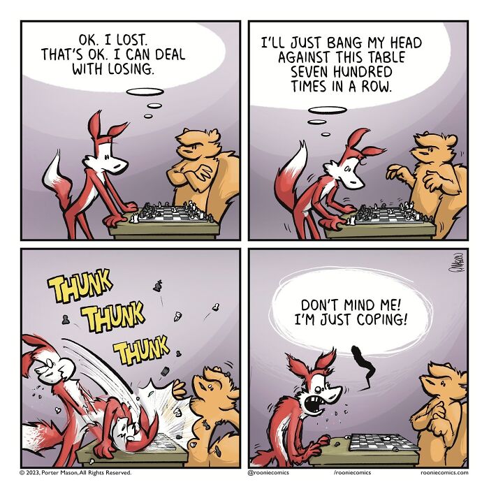 Comic series with cute characters showing uncomfortably accurate feelings through a humorous chess game scene.