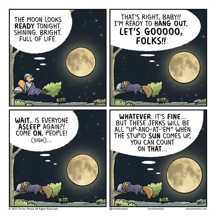 Comic strip showing a cute character expressing uncomfortably accurate feelings about the moon and sleeplessness at night.