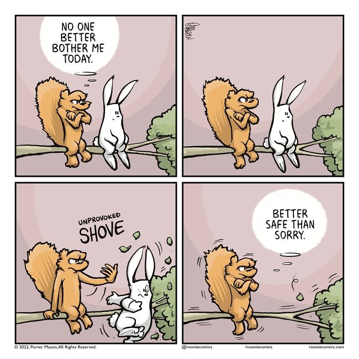 Cute characters in a comic series showing uncomfortably accurate feelings with a squirrel and rabbit interaction on a tree branch.