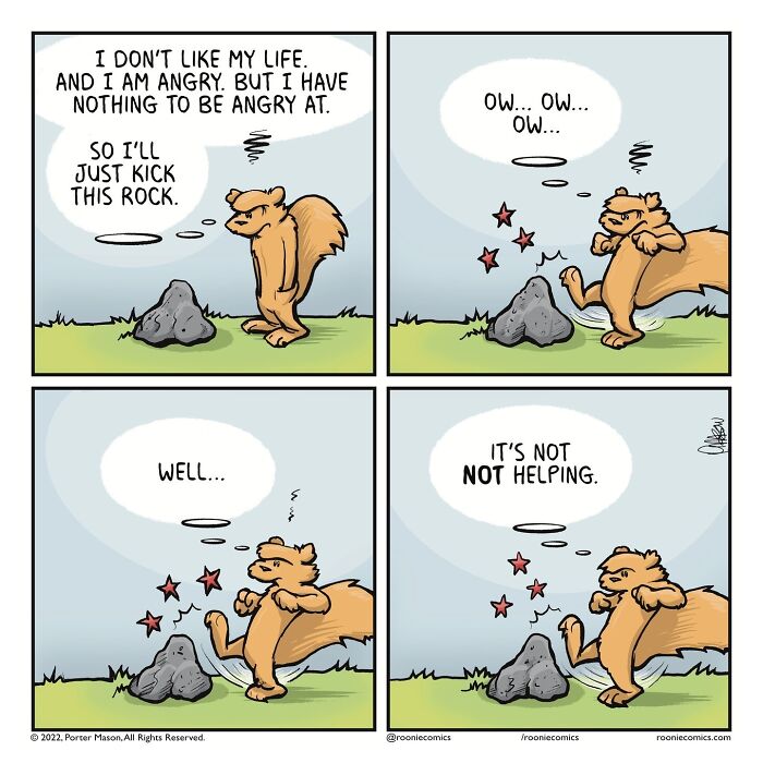 Squirrel character in comic kicking a rock, showing cute characters and uncomfortably accurate feelings in a comic series.