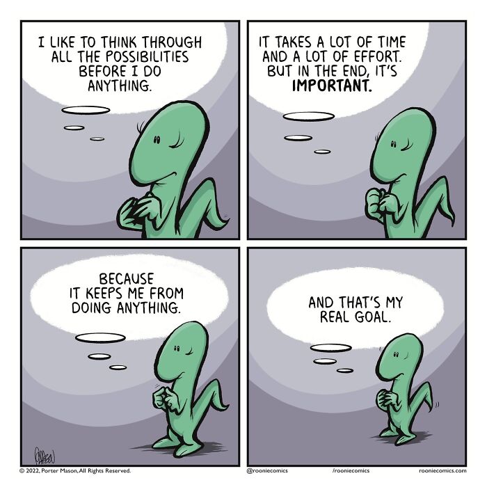 Comic series featuring cute characters expressing uncomfortably accurate feelings about overthinking and procrastination.