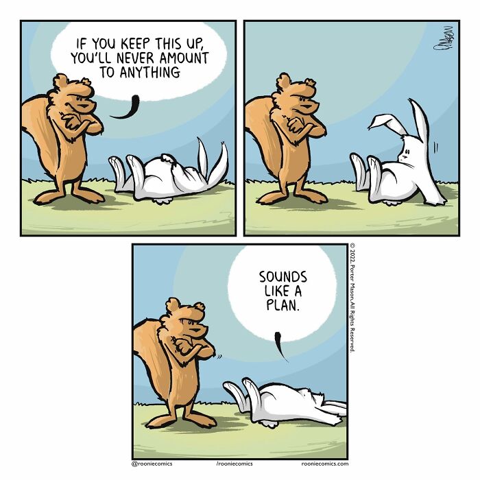 Comic series with cute characters showing a bear lecturing a relaxed rabbit about motivation in a simple outdoor scene.