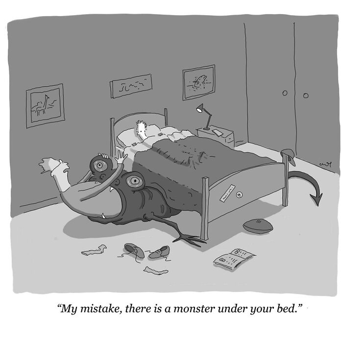 Minimalist comic showing a person surprised by a monster under the bed, exploring weird and unusual thoughts.