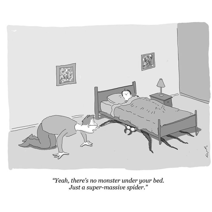 Minimalist comic shows a child in bed with a huge spider under it and an adult reassuring no monster is present.