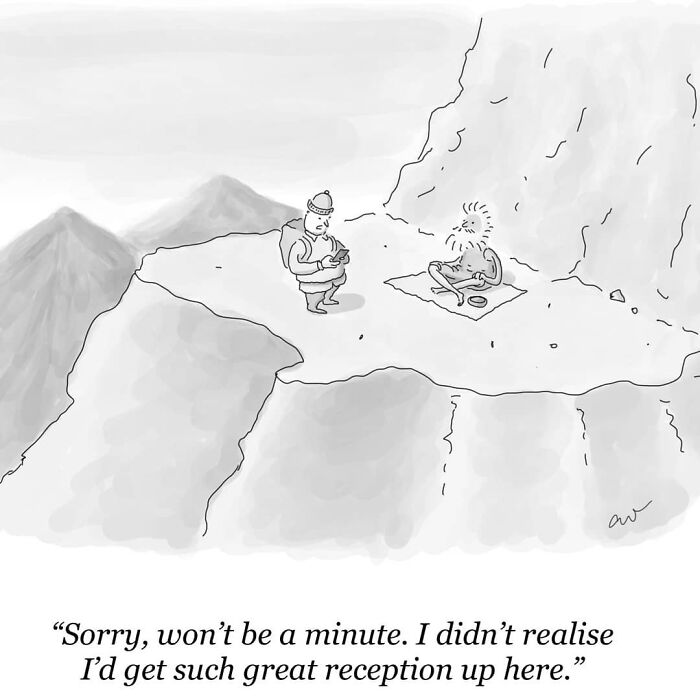 Minimalist comic showing a man on a mountain texting for cell reception while a meditating yogi looks on.