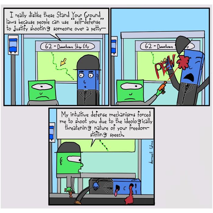 Unsettling comic by Samuel Edme depicting a critique of stand your ground laws and absurd self-defense claims.