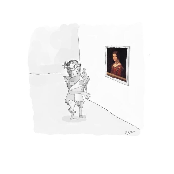 Minimalist comic shows a distorted figure looking at a classical painted portrait, exploring weirder thoughts in simple art style.