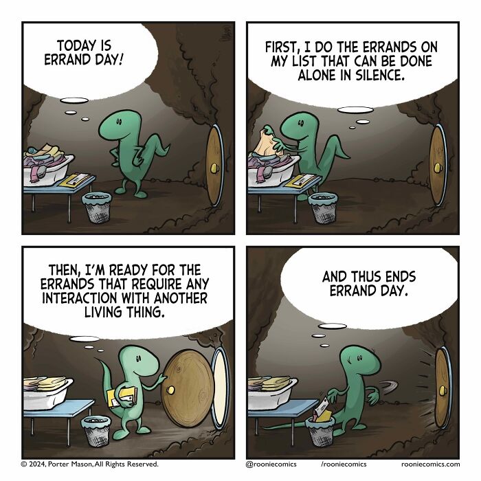 Comic series featuring a cute green character experiencing uncomfortably accurate feelings during errand day.