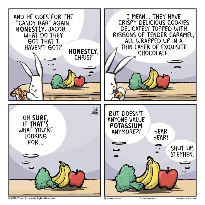 Comic series featuring cute characters and relatable feelings discussing candy bars versus healthy snacks like broccoli and fruit.