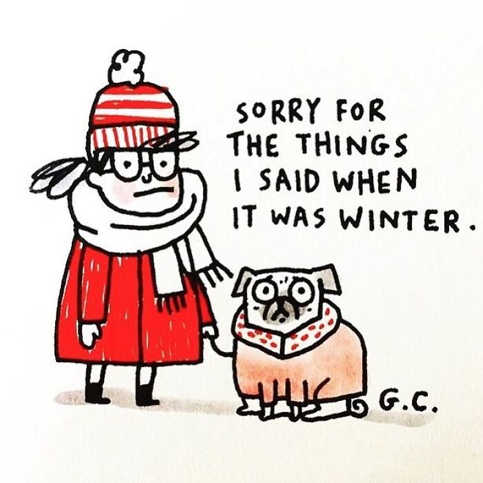 Cartoon of a pug owner and pug wearing winter clothes with apology text showing pug owner humor and bond.