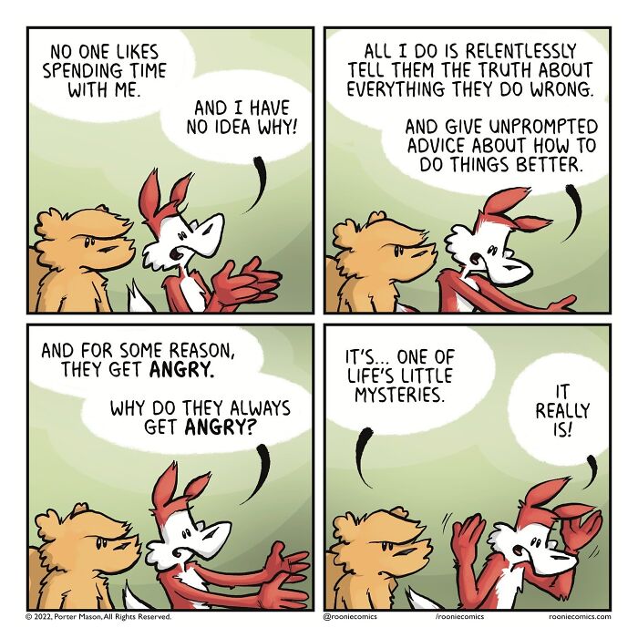 Comic strip featuring cute characters expressing uncomfortably accurate feelings about social misunderstandings and emotions.