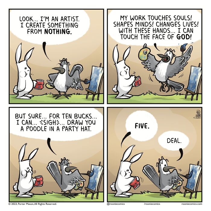 Comic strip with cute characters illustrating uncomfortably accurate feelings about art and creativity.