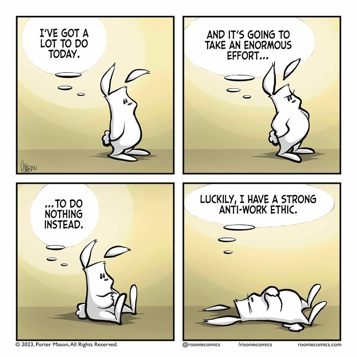 Comic series featuring cute characters expressing uncomfortably accurate feelings about work and effort in four panels.