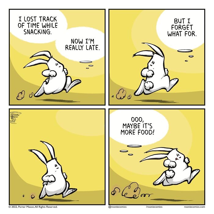 Comic series featuring cute characters and uncomfortably accurate feelings shown through a running bunny overdue for food.