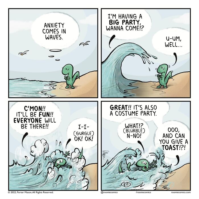 Cute comic characters depicting anxiety in waves with an introvert overwhelmed by a big costume party invite.