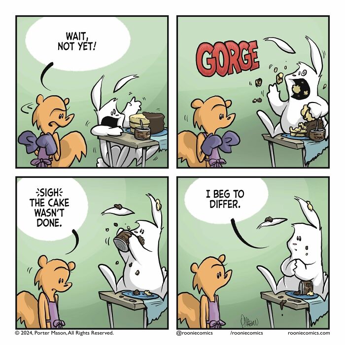 Comic series featuring cute characters expressing uncomfortably accurate feelings in humorous cake-eating scene.