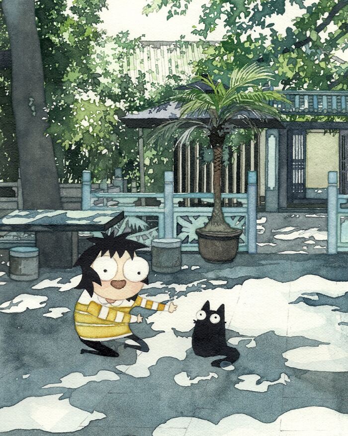 Watercolor painting of a character interacting with a black cat in a leafy outdoor setting, showcasing dreamy cat art.