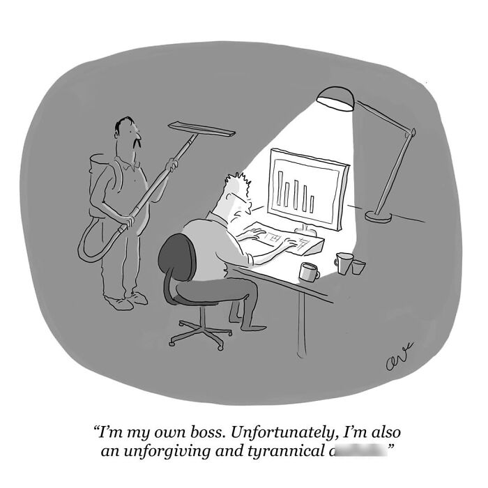 Minimalist comic showing a man at a desk with a cleaning person behind him, exploring weirder thoughts humorously.