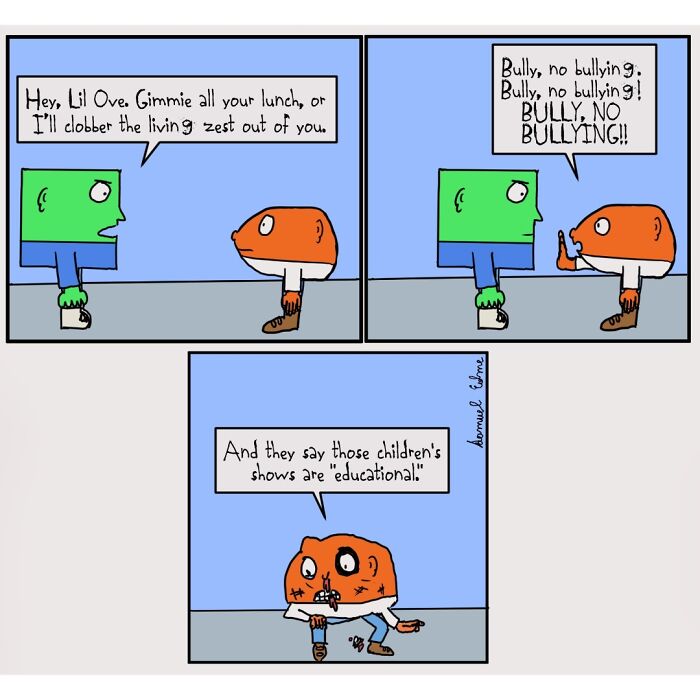 Comic panels by Samuel Edme depicting a bullying scene highlighting modern absurdity in unsettling comics style.