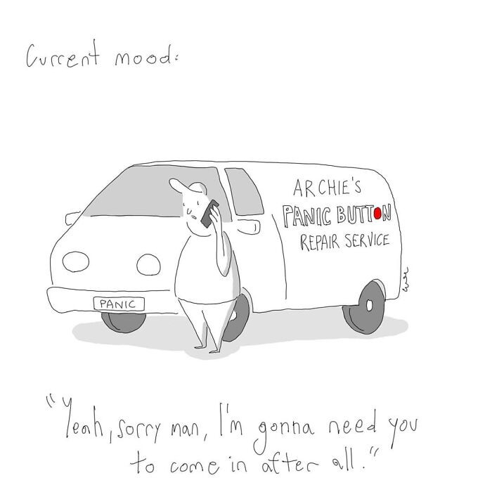 Minimalist comic shows a stressed man calling Archie's panic button repair service, exploring weirder thoughts.