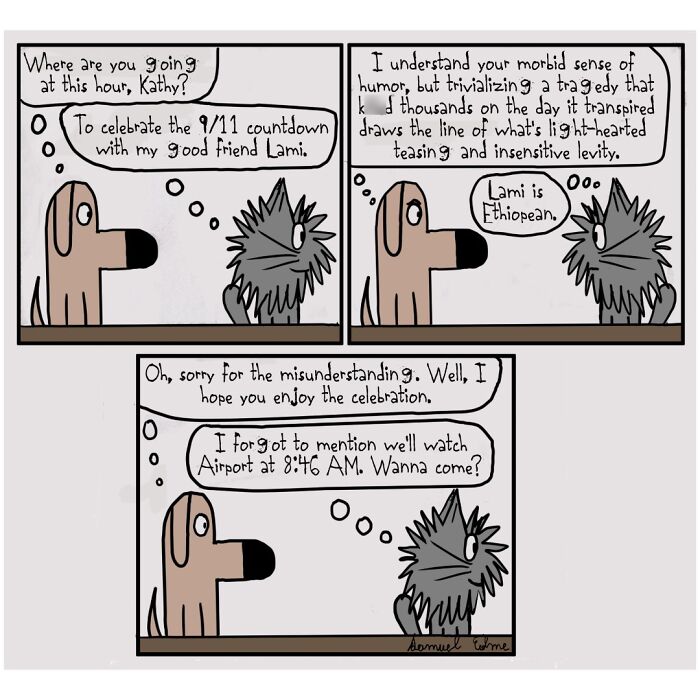 Unsettling comic panels by Samuel Edme featuring dark humor and commentary on modern absurdity with two talking animals.