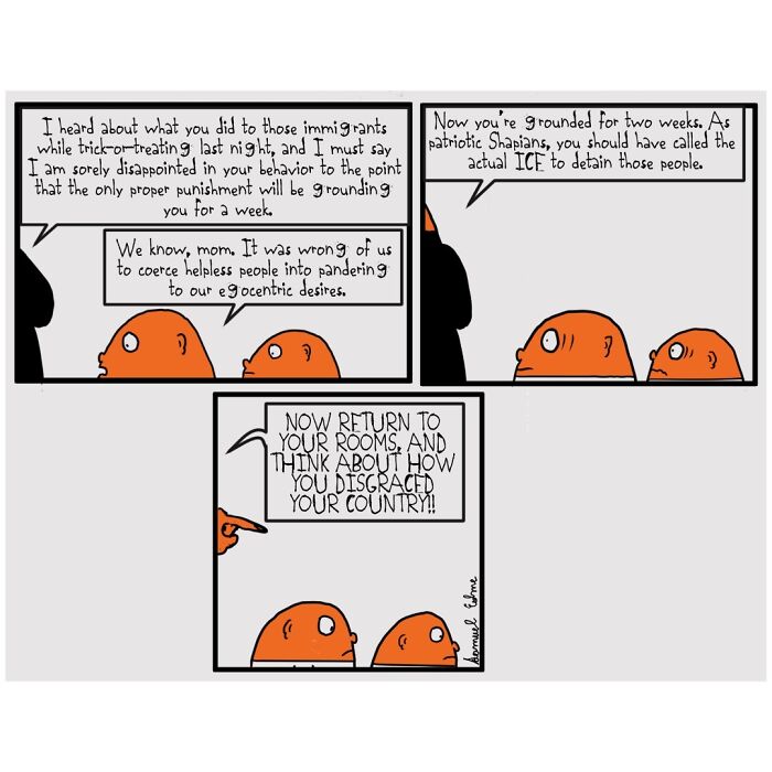 Unsettling comic by Samuel Edme showing characters discussing punishment and immigration with dark humor and social critique.