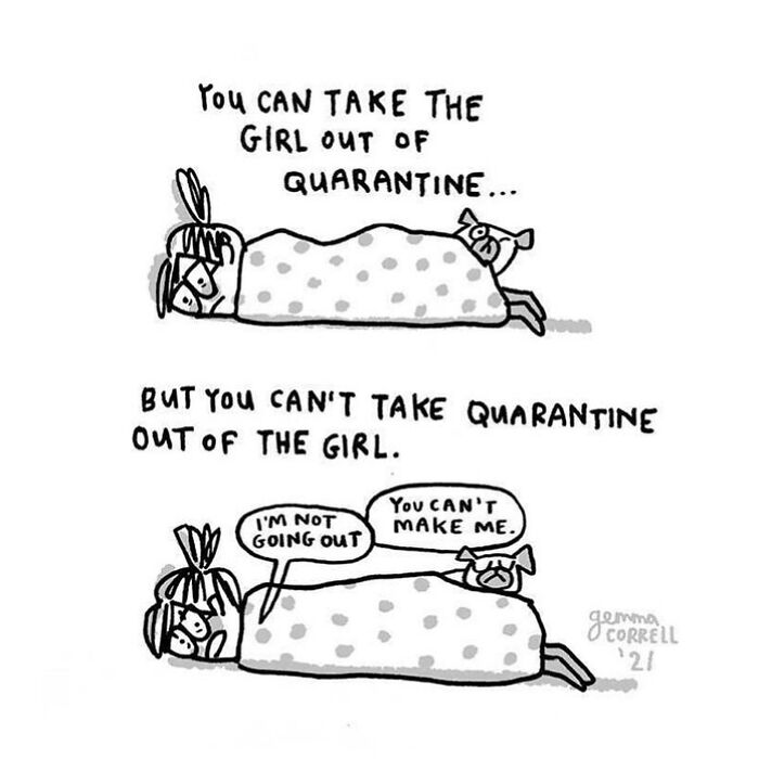 Comic strip showing a girl and a pug in bed, highlighting quirky traits of pug owners during quarantine times.