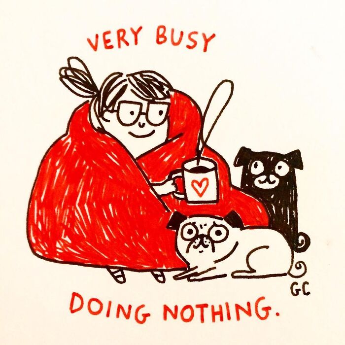 Person wrapped in a red blanket with two pugs, illustrating pug owners and their relaxed lifestyle in a comic style.