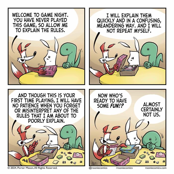 Comic series with cute characters playing a board game, showing uncomfortably accurate feelings during rule explanations.