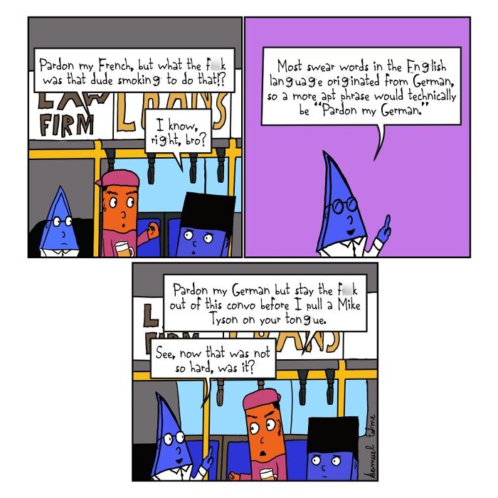 Comic panels by Samuel Edme depicting modern absurdity with characters discussing language origins and swearing humor.