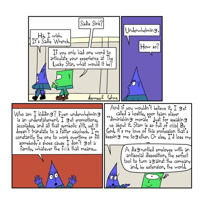 Comic panels by Samuel Edme illustrating modern absurdity through a character sharing workplace frustrations and emotions.