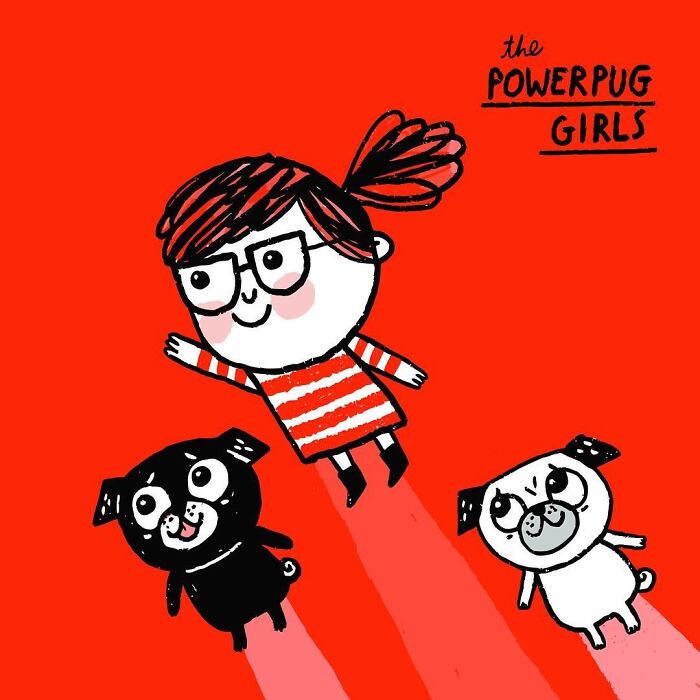Illustration of a girl flying with two pugs, highlighting the charm of pug owners in a colorful comic style.