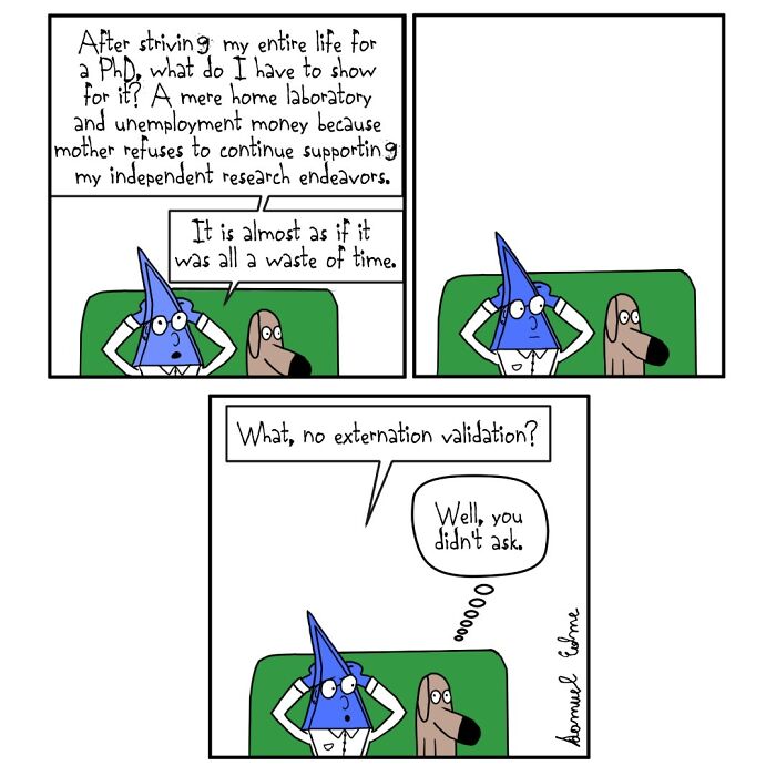 Comic by Samuel Edme showing characters discussing absurdity of life and research struggles with dark humor and irony.