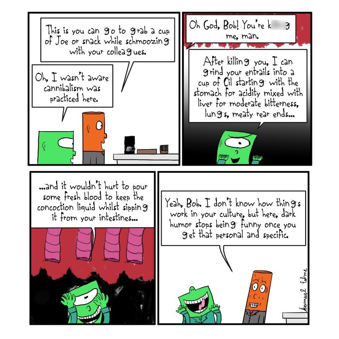 Comic strip by Samuel Edme featuring dark humor and unsettling themes exposing modern absurdity in workplace culture.
