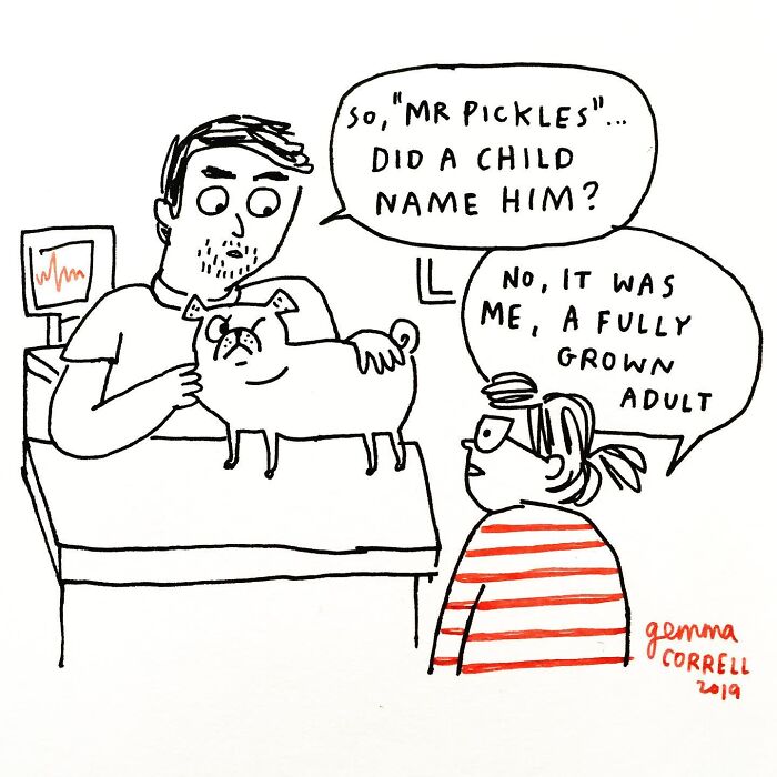 Comic illustration showing a pug owner explaining the dog's name to a vet, highlighting pug owner behaviors.