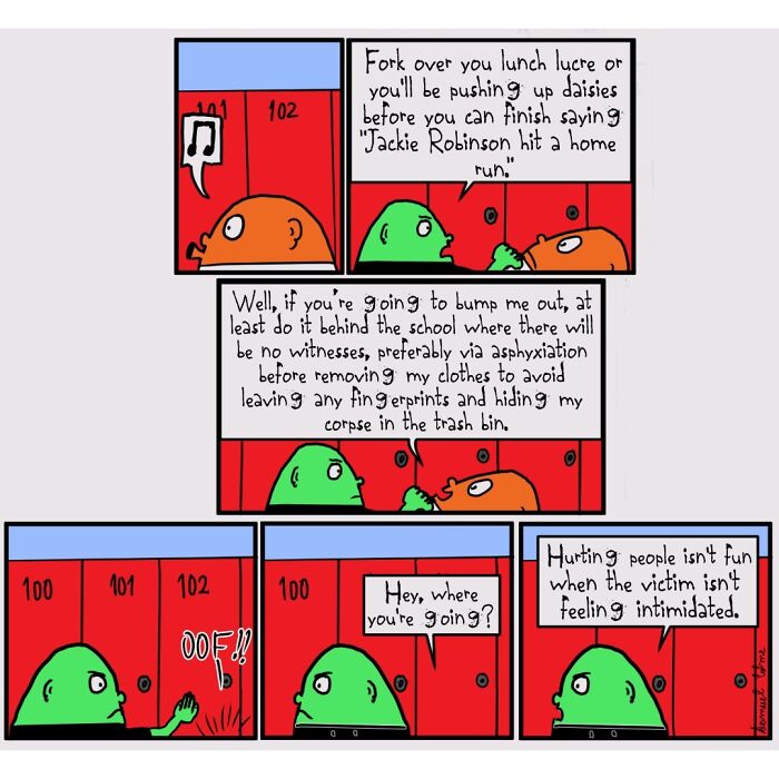 Comic panels by Samuel Edme showing a tense conversation between two characters, highlighting modern absurdity and dark humor.