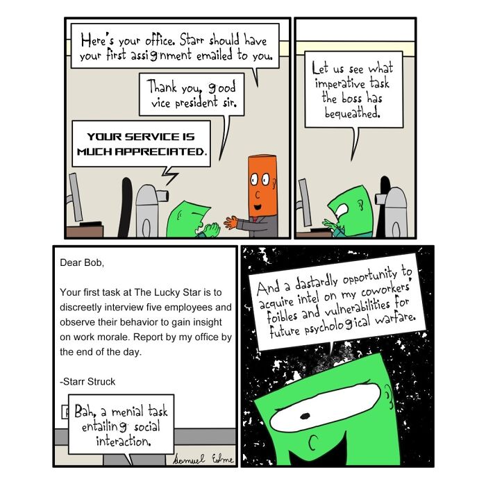 Comic panels by Samuel Edme humorously exposing modern absurdity in workplace surveillance and psychological games.