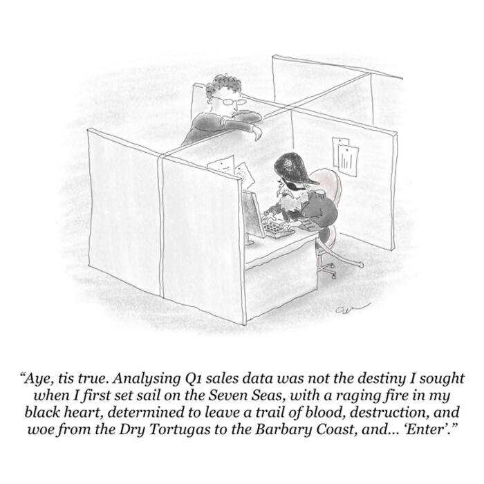 Minimalist comic shows pirate at office cubicle typing intensely while coworker leans on divider watching, capturing weird thoughts humor.