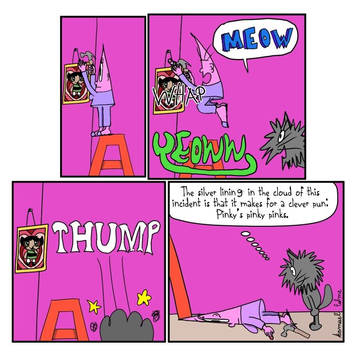 Unsettling comic panels by Samuel Edme showing absurd humor with a character, cat, and unexpected twist.