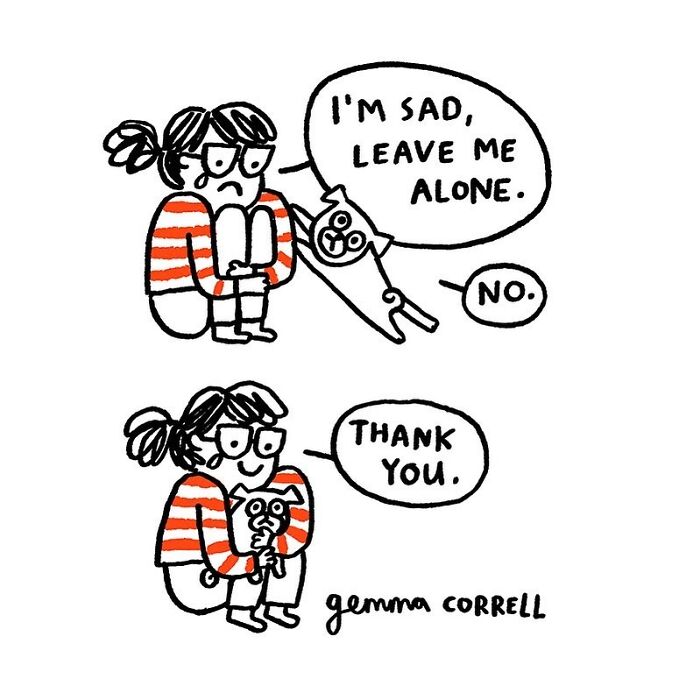 Comic illustration showing a person and a pug expressing emotions, highlighting traits of pug owners and their bond.