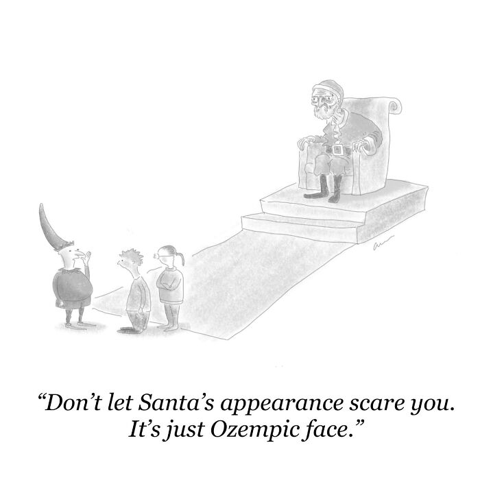 Minimalist comic showing Santa on a throne with characters reacting, exploring weirder thoughts in a simple black and white style.